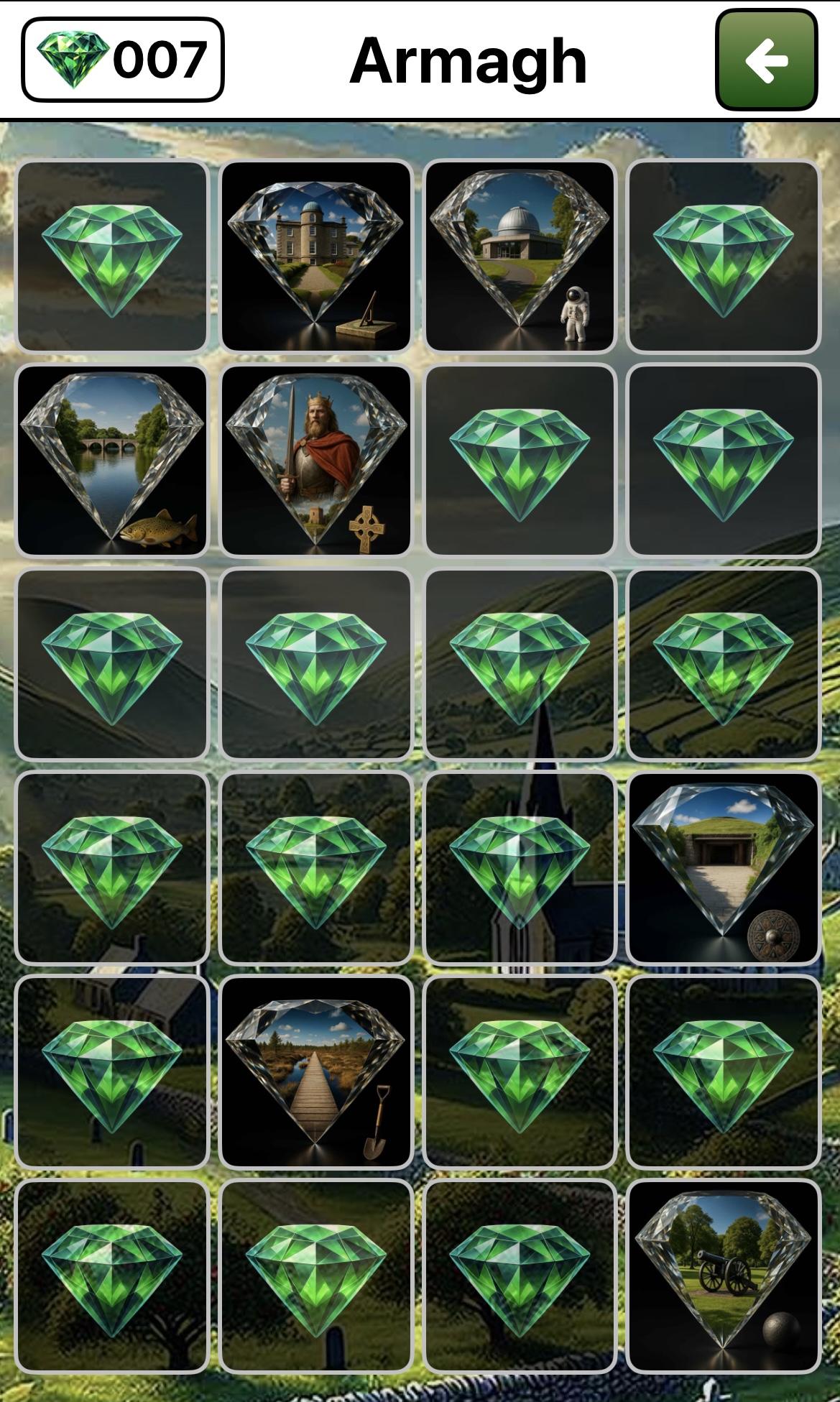County screen showing collected emeralds by county